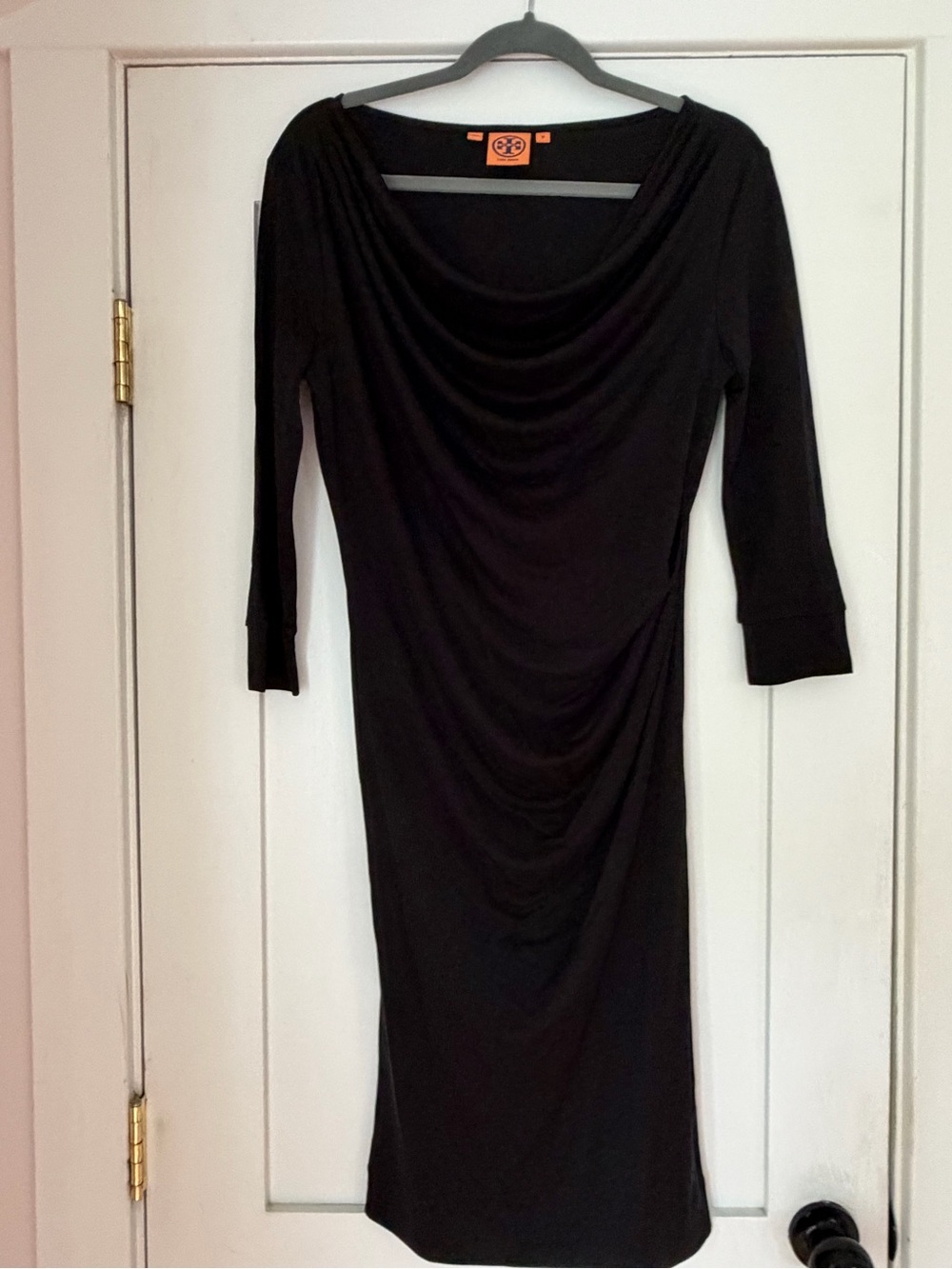 Black Draped Form-Fitting Dress with 3/4 Sleeves